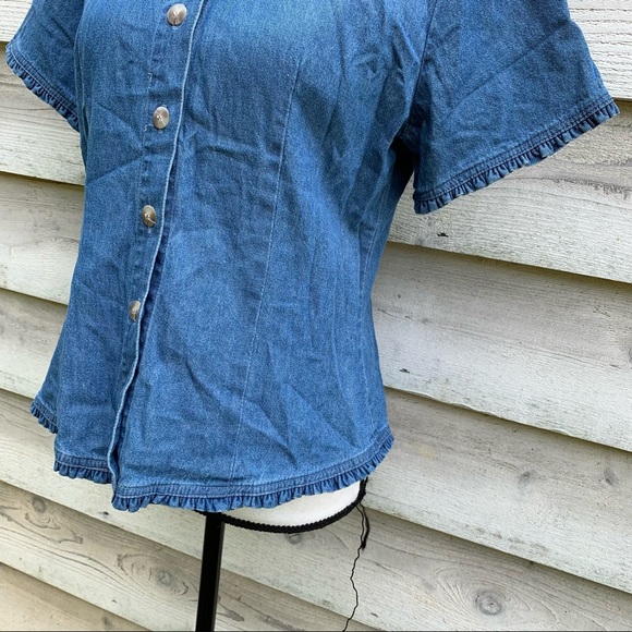 True Vintage 70s Blue Cotton Denim Ruffled Trim Button Down Short Sleeve Blouse - Picture 11 of 16